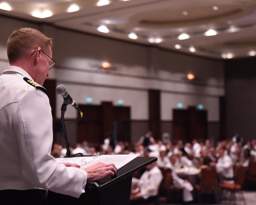 U.S. Navy Capt. Robert Hudson, Joint Base Charleston deputy commander, delivers his keynote address during the Navy Ball at the Embassy Suites Hotel, Oct. 17. The cake cutting ceremony was conducted at the conclusion of Hudson’s speech.