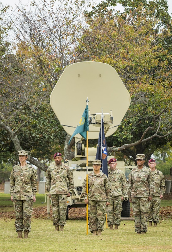 U.S. Army Reserve soldiers with the 335th Signal Command (Theater) stand at attention for a changing of command ceremony at Fort McPherson, Ga., Oct. 15, 2016. Brig. Gen. Christopher R. Kemp, outgoing commander of the 335th  relinquished command to Brig. Gen. (Promotable) Peter A. Bosse at the ceremony. (U.S. Army photo by Staff Sgt. Ken Scar)