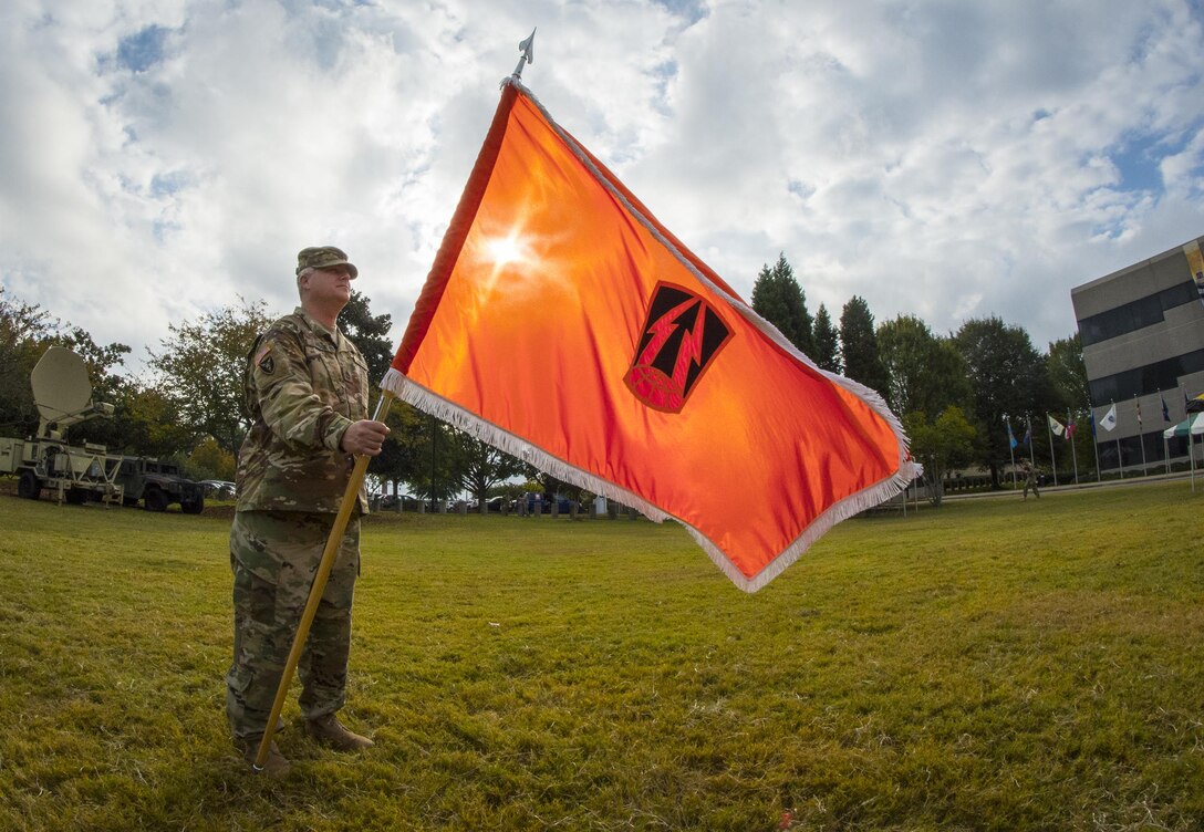 U.S. Army Reserve Sgt. 1st Class Daniel Bulla, of Loganville, Ga., the 335th Signal Command (Theater) color guard noncommissioned officer in charge, holds the command flag during rehearsals for a change of command ceremony at Fort McPherson, Ga., Oct. 15, 2016. (U.S. Army photo by Staff Sgt. Ken Scar)