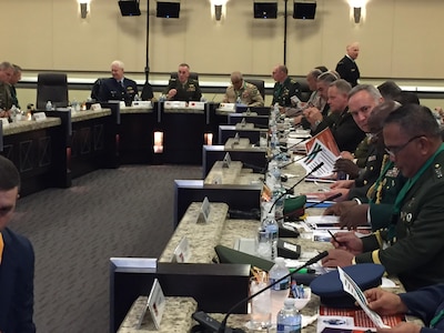 Marine Corps Gen. Joe Dunford, the chairman of the Joint Chiefs of Staff, welcomes 43 chiefs of defense to a discussion on combating global violent extremism at Joint Base Andrews, Md., Oct. 17, 2016. The chiefs are looking for ways to enhance their understanding of the threat and to fit into a global network against extremism. DoD photo by Jim Garamone