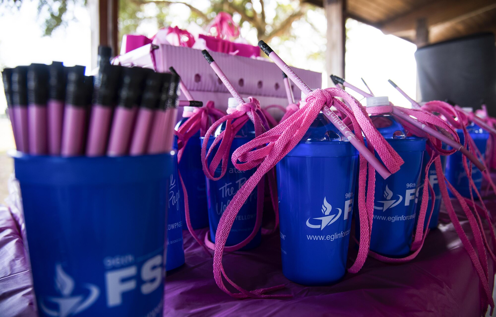 Many breast cancer awareness reminders and collectibles were available at the ninth annual 5k run Oct. 14 at Eglin Air Force Base, Fla. Eglin's health promotion flight was also providing information on breast cancer risk factors, symptoms and screenings. The event was held to promote breast cancer awareness and the importance of self-examination to catch the disease in its early stages. (U.S. Air Force photo/Samuel King Jr.)