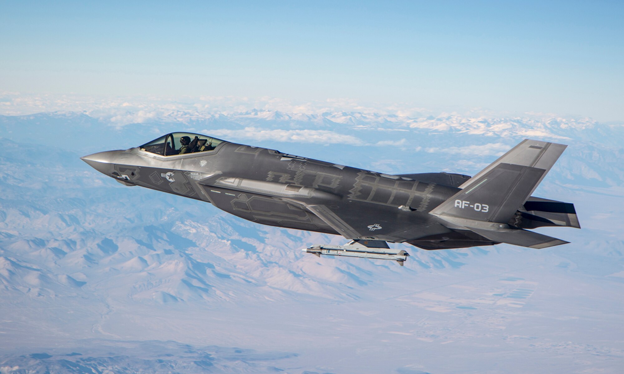 AF-3, Flt 230, Maj. Andrew Rollins flies an F-35 Lightning II above the southern California desert. (U.S. Air Force Photo/Darin Russell