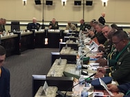 Marine Corps Gen. Joe Dunford, the chairman of the Joint Chiefs of Staff, welcomes 43 chiefs of defense to a discussion on combating global violent extremism at Joint Base Andrews, Md., Oct. 17, 2016. The chiefs are looking for ways to enhance their understanding of the threat and to fit into a global network against extremism. DoD photo by Jim Garamone