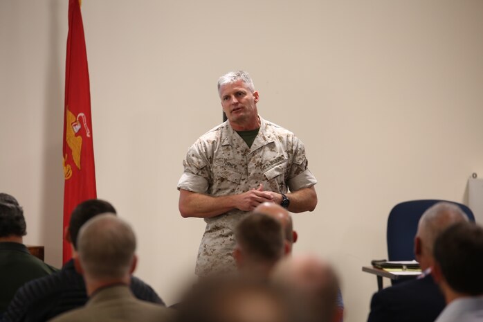 BGen Roger Turner, director of the Capabilities Development Directorate, addresses members of industry during the Infantry Equipping Challenge's Industry Day on September 26, 2016.