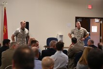 MCSC commander BGen Joseph Shrader, left, and CD&I BGen Roger Turner, right, brief members of industry during the Infantry Equipping Challenge's Industry Day on September 26, 2016.