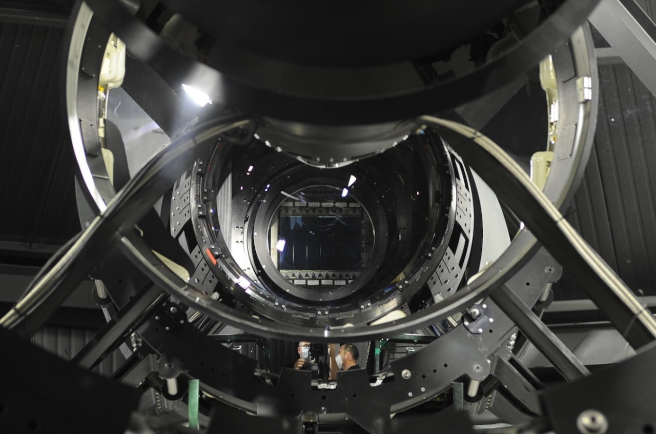 An internal view of the Space Surveillance Telescope’s structure, including the wide-field camera, center. DoD photo
