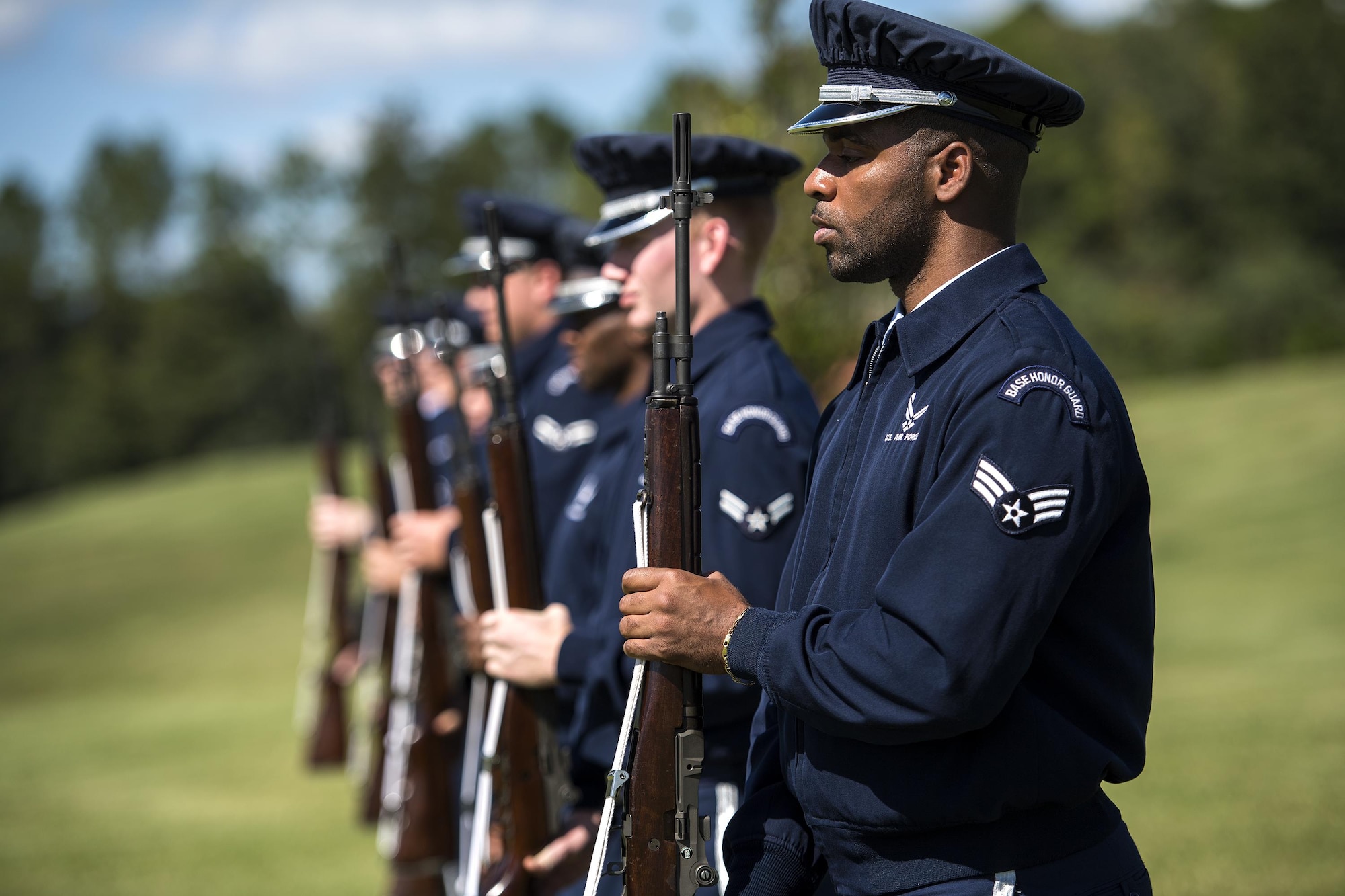 Members of the Moody Air Force Base Honor Guard practice commands before a funeral, Oct. 13, 2016, in Jacksonville, Fla. The firing party executes various commands, striving to be in sync at all times. (U.S. Air Force photo by Airman 1st Class Janiqua P. Robinson)