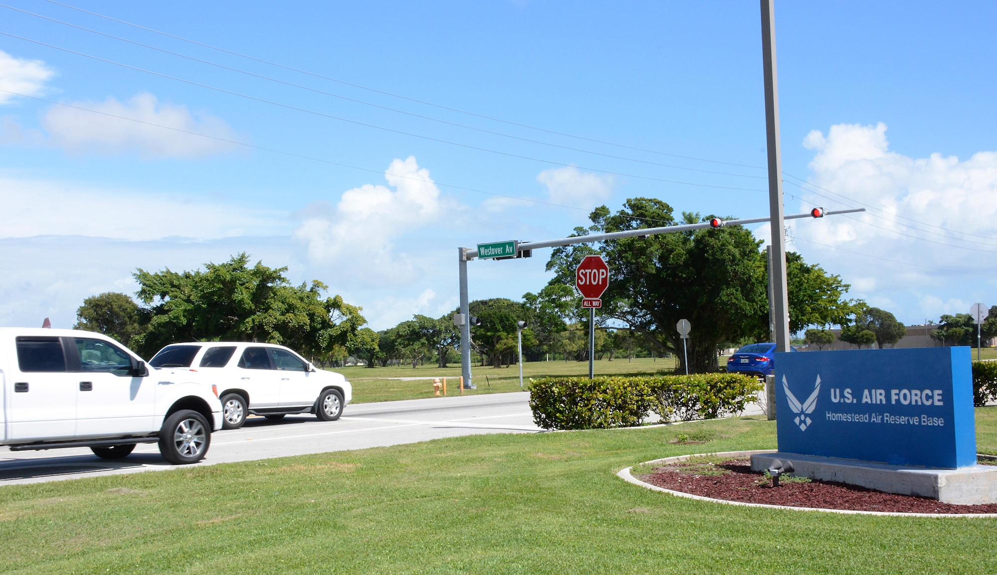 Daily traffic approaches the Westover and Biscayne Drive intersection, here,
Oct. 15, 2016. The Westover entrance has been a well-known hazardous
environment for all members entering and exiting Homestead Air Reserve Base,
according to Wing Safety. (U.S. Air Force photo by Staff Sgt. Desiree W.
Moye)
