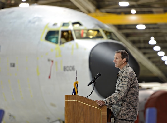 Col. Mark Mocio, Legacy Tanker Division commander and program manager for the KC-135 was one of the featured guest speakers at the KC-135 60th Anniversary event Oct. 7 and spoke on the legacy of the Stratotanker. The other distinguished visitor guest speakers included Air Force Sustainment Center Commander Lt. Gen. Lee Levy II; Donald Thompson, deputy program executive officer for Tanker with the Air Force Life Cycle Management Center; Ryan Roseke, with Rockwell-Collins; and Pam Valdez, with Boeing. (Air Force photo by Kelly White)