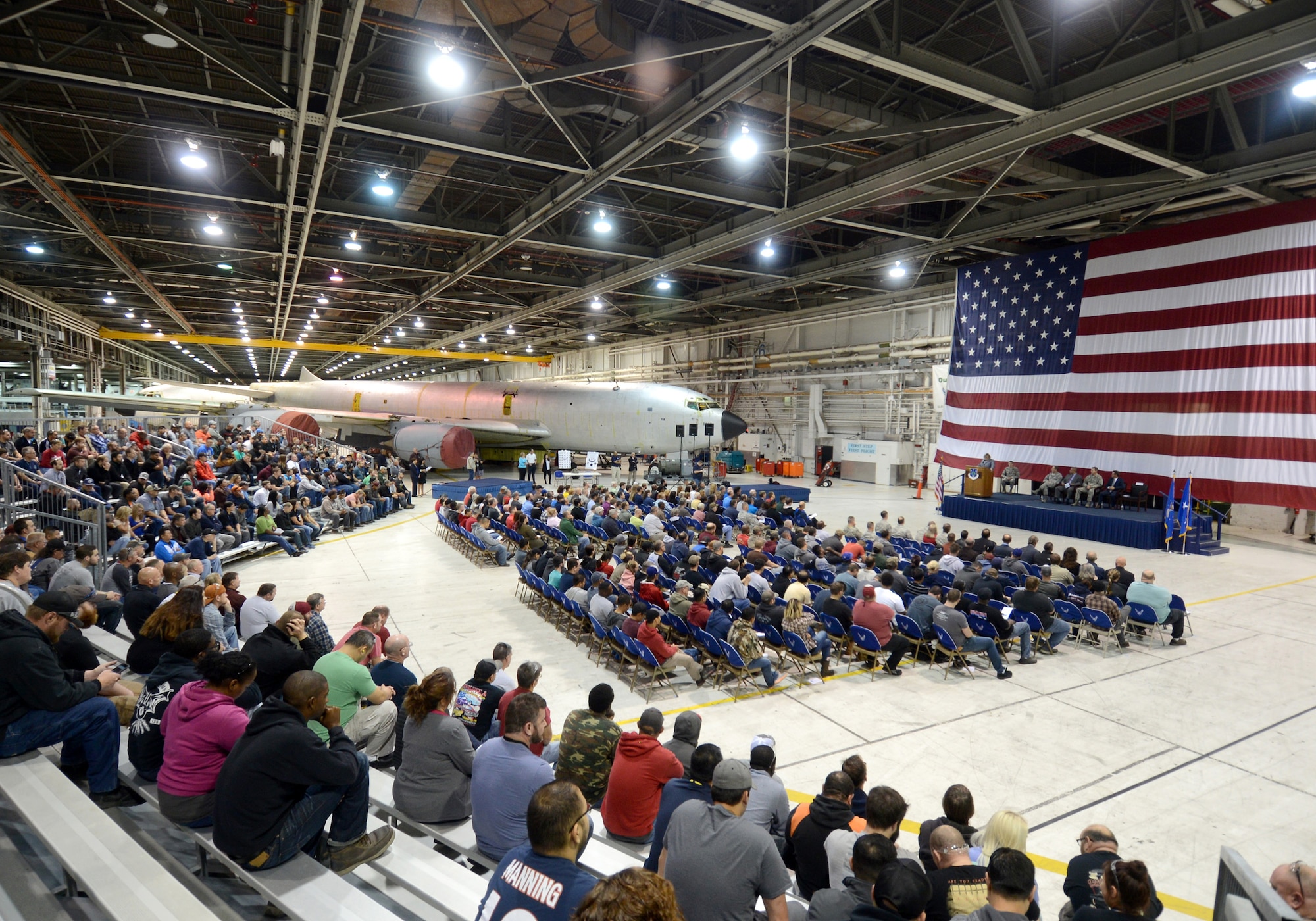 The KC-135 60th Anniversary brought a huge crowd to the programmed depot maintenance line in Bldg. 3001 Oct. 7. The event featured guest speakers from the Air Force Sustainment Center, Rockwell-Collins, Boeing and the Air Force Life Cycle Management Center. (Air Force photo by Kelly White)