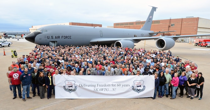Members of Team Tinker gathered together Oct. 7 to celebrate the KC-135 Stratotanker’s 60 years of service. (Air Force photo by Kelly White)