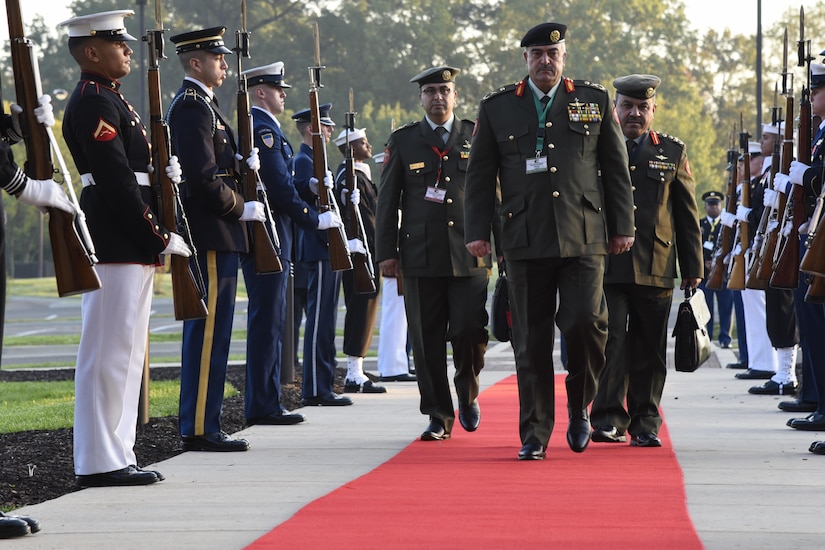 Maj. Gen. Mahmoud Freihat, center, Jordan’s chairman of Joint Chief of Staff, attends the Chief of Defense Conference on Joint Base Andrews, Md., Oct. 17, 2016. The conference brought together senior military members form around the world to discuss mutual security challenges, improve joint relationships and foster security cooperation. (U.S. Air Force photo by Airman 1st Class Valentina Lopez)