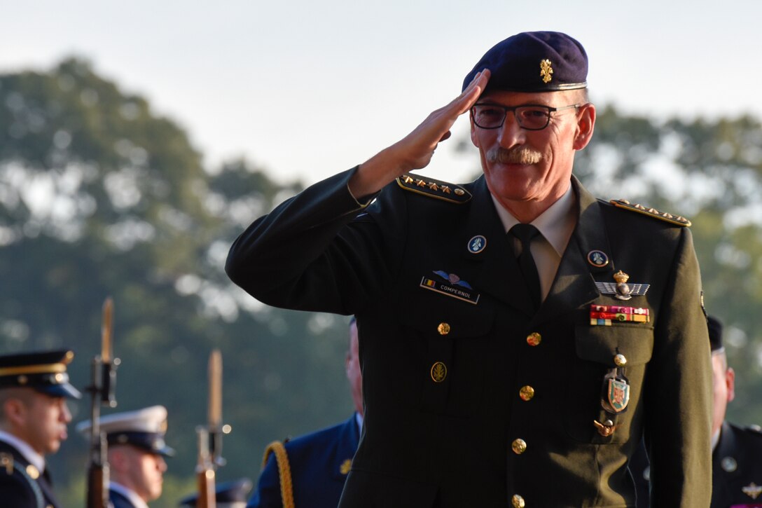Gen. Marc Compernol, Belgium’s Chief of Defense, salutes as he enters the CHOD Conference on Joint Base Andrews, Md., Oct. 17, 2016. Compernol is one of 50 senior military leaders attending the annual conference to discuss mutual security challenges and improve joint relationships. (U.S. Air Force photo by Airman 1st Class Valentina Lopez)