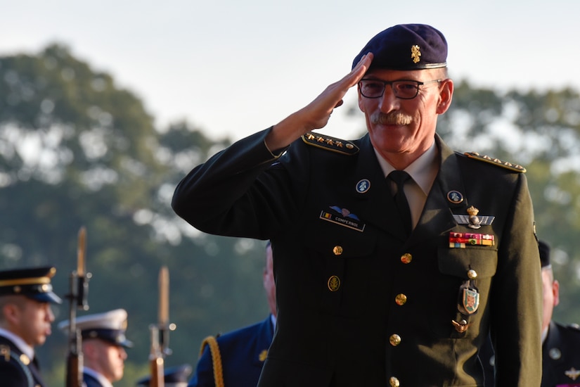Gen. Marc Compernol, Belgium’s Chief of Defense, salutes as he enters the CHOD Conference on Joint Base Andrews, Md., Oct. 17, 2016. Compernol is one of 50 senior military leaders attending the annual conference to discuss mutual security challenges and improve joint relationships. (U.S. Air Force photo by Airman 1st Class Valentina Lopez)