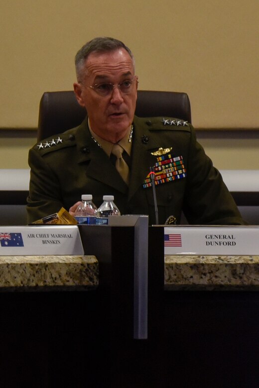 United States Marine Gen. Joseph Dunford, U.S. chairman of the Joint Chiefs of Staff, makes opening remarks during the Chief of Defense Conference on Joint Base Andrews, Md., Oct. 17, 2016. The conference had 50 senior military leaders meet and share safety challenges, relation improvements and nurture security collaborations. (U.S. Air Force photo by Airman 1st Class Valentina Lopez)