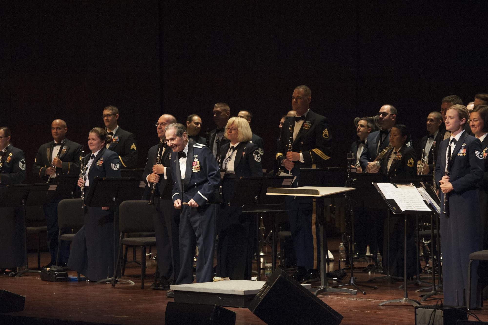 Col. (Ret.) Arnald Gabriel, former 564th Tactical Air Command Band director, bows to the audience after leads the U.S. Air Force Heritage of America Band to play “Stars and Stripes Forever” during a USAF HOAB 75th Anniversary Band Concert at the Ferguson Center for the Arts in Newport News, Va., Oct. 1, 2016. Gabriel was also a World War II veteran, who landed on the coastlines of Normandy, France, alongside more than 160,000 Allied troops during “D-day” on June 6, 1944. D-day was the largest amphibious attack in U.S. history. (U.S. Air Force photo by Staff Sgt. Nick Wilson)