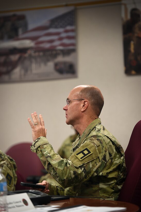 Brig. Gen. Chris Gentry, First Army’s Deputy Commanding General - Support, speaks during the New Command Team Orientation Brief at the U.S. Army Reserve's 85th Support Command headquarters in Arlington Heights, Ill., Oct. 15, 2016. Incoming First Army brigade command teams received briefs from 85th Support Command leaders on reserve-component processes and programs to help them support the readiness of Army Reserve battalions operationally controlled by First Army. 
(U.S. Army photo by Master Sgt. Anthony L. Taylor, First Army Public Affairs)
