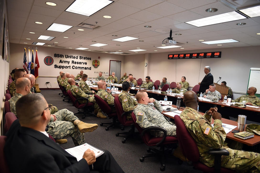 First Army and 85th Support Command staffs discuss reserve-component systems during the New Command Team Orientation Brief at the 85th Support Command headquarters in Arlington Heights, Ill., Oct. 15, 2016. Incoming First Army brigade command teams received briefs from 85th Support Command leaders on reserve-component processes and programs to help them support the readiness of Army Reserve battalions operationally controlled by First Army.
(U.S. Army photo by Master Sgt. Anthony L. Taylor, First Army Public Affairs)

