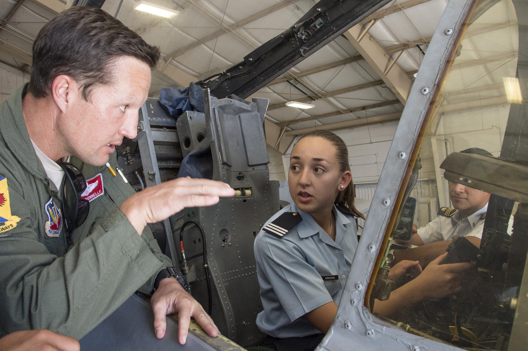 U.S. Air Force Lt. Col. Colin Donnelly, 355th Operations Group deputy commander, explains the function of each flight instrument to a cadet during a tour of an A-10 static display, at Davis-Monthan Air Force Base, Ariz., Oct. 13, 2016. The cadets are visiting Davis-Monthan AFB as part of Latin American Cadet Initiative which allows the top two senior cadets from up to 15 Latin American air force academies to visit the U.S. for three weeks to familiarize them with the U.S. Air Force and its various missions. (U.S. Air Force photo by Staff Sgt. Adam Grant)