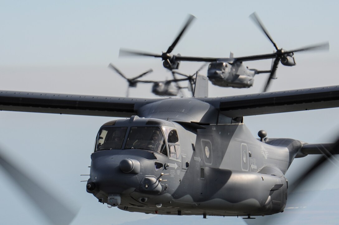 Four CV-22 Osprey aircraft with the 8th Special Operations Squadron from Hurlburt Field, Fla., fly along the Lake Michigan coast, Wis., Oct. 14, 2016. The 8th SOS visited the Milwaukee-Green Bay area for a flyover above Lambeau Field Oct. 16 during the Green Bay versus Dallas NFL game. The Osprey is a tiltrotor aircraft that combines the vertical takeoff, hover and vertical landing qualities of a helicopter with the long-range, fuel efficiency and speed characteristics of a turboprop aircraft. (U.S. Air Force photo by Airman 1st Class Joseph Pick)