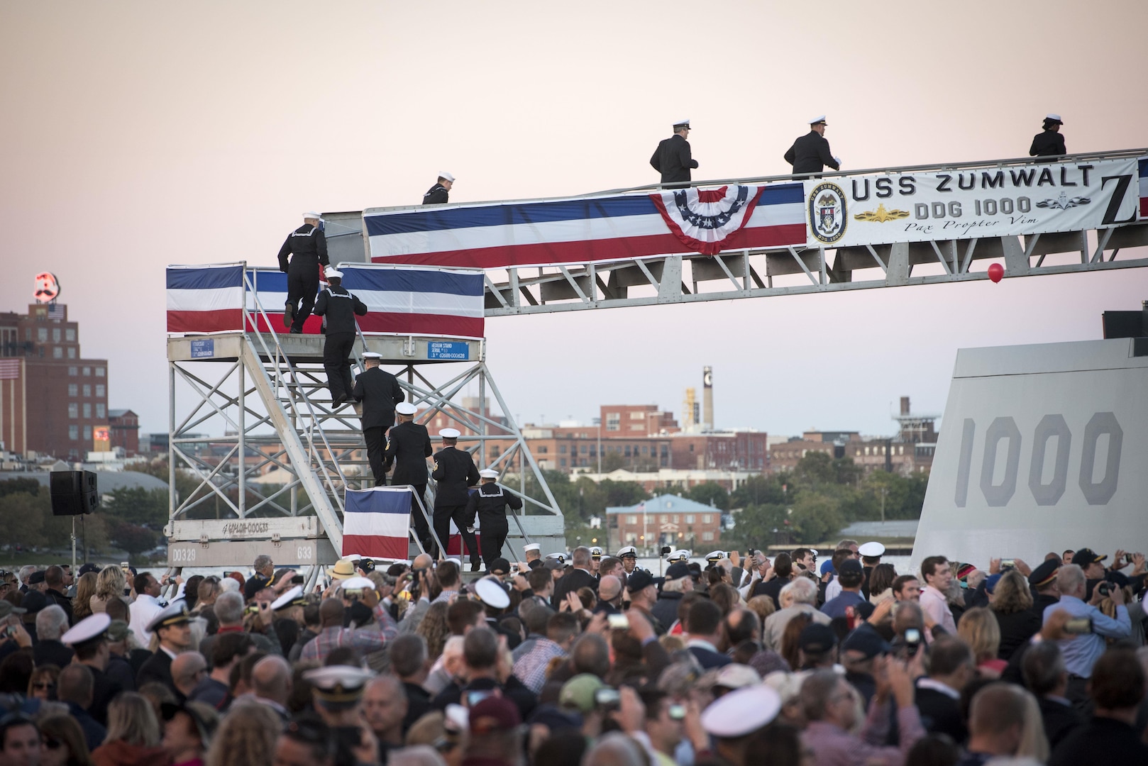 161016-N-AT895-203 BALTIMORE,  (Oct. 16, 2016) The crew of the Navy's newest and most technologically advanced warship, USS Zumwalt (DDG 1000), brings the ship to life during a commissioning ceremony at North Locust Point in Baltimore. (U.S. Navy photo by Petty Officer 1st Class Nathan Laird/Released)               