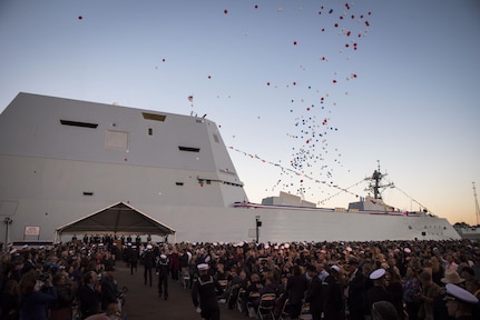 161015-N-AT895-183 BALTIMORE (Oct. 16, 2016) Balloons fly and the crowd applauds as the Navy's newest and most technologically advanced warship, USS Zumwalt (DDG 1000), is brought to life during a commissioning ceremony at North Locust Point in Baltimore. (U.S. Navy photo by Petty Officer 1st Class Nathan Laird/Released)