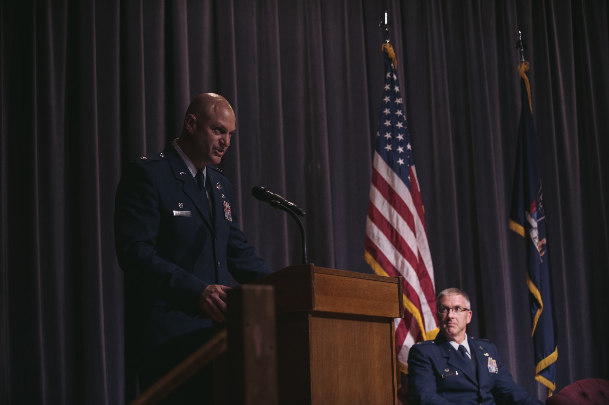 Lt. Col. Douglas Euote, 107th Operations Squadron commander, Niagara Falls Air Reserve Station, N.Y., addresses the Airmen of the squadron during a change of command ceremony here, Sept. 27, 2016. Euote assumed command from Lt. Col. Gary Charlton was selected to be vice commander of the 107th Airlift Wing here. (Air National Guard photo by Staff Sgt. Ryan Campbell)