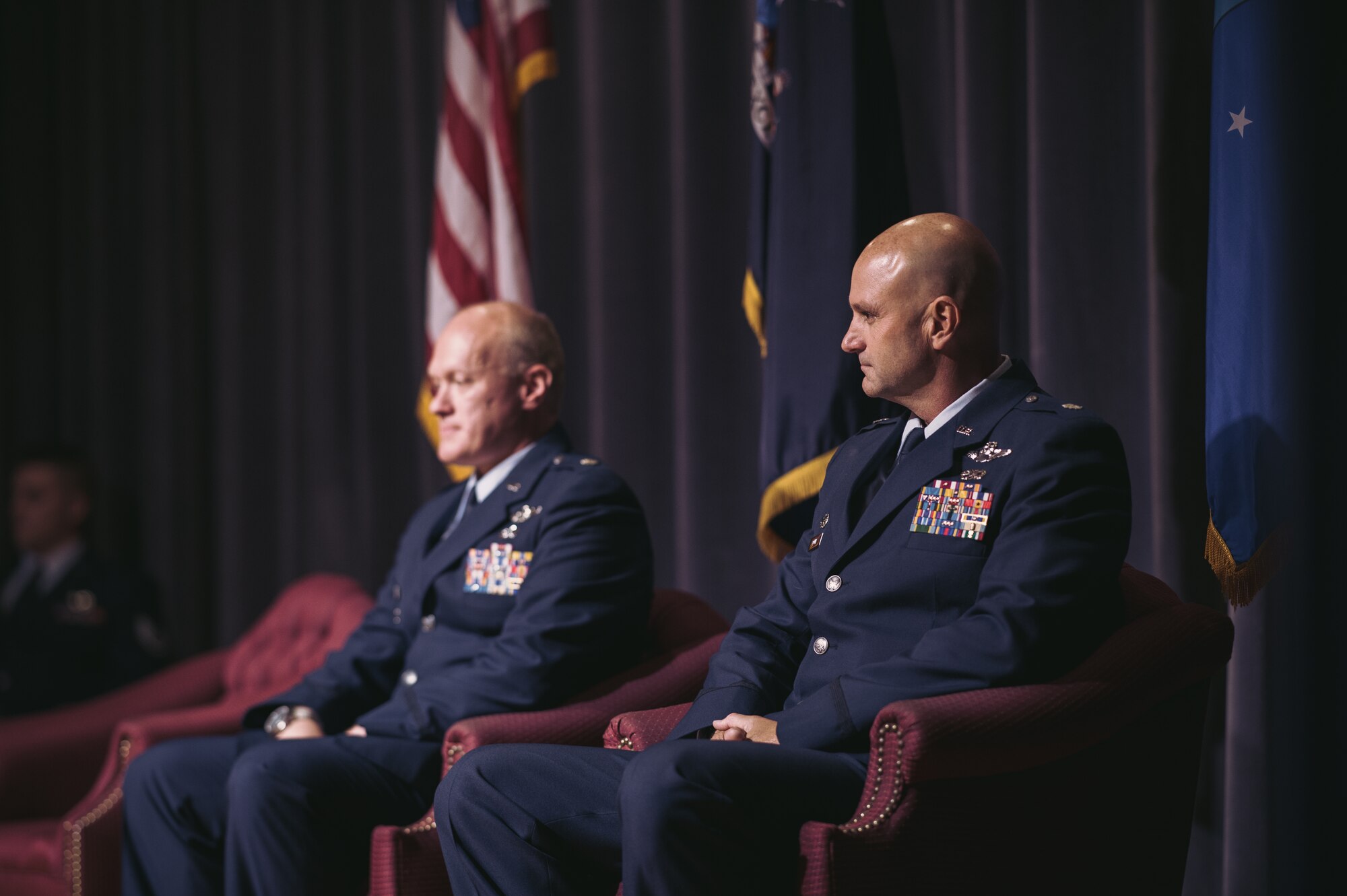 Lt. Col. Douglas Euote, incoming 107th Operations Squadron commander, Niagara Falls Air Reserve Station, N.Y., awaits being handed over command of the squadron from outgoing commander Lt. Col. Gary Charlton, Sept. 27, 2016. Euote was selected to succeed Charlton who moved onto vice commander of the 107th Airlift Wing here. (Air National Guard photo by Staff Sgt. Ryan Campbell)