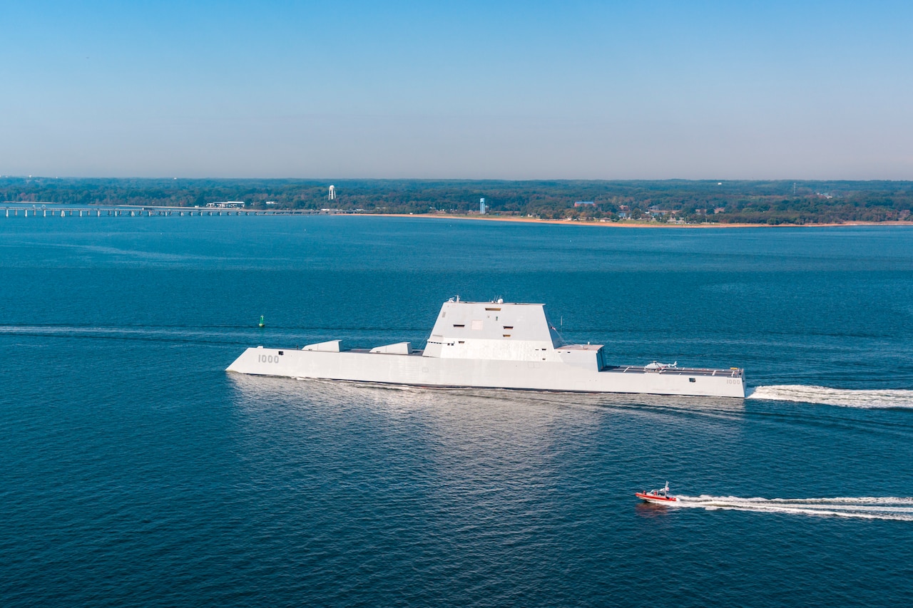 A large ship moves through the water.