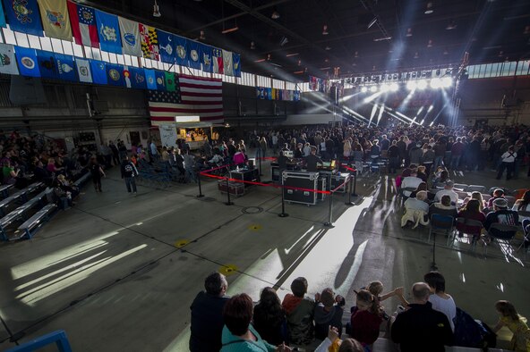 Sabers watch a concert performed by the American rock band, 3 Doors Down, inside Hangar 1 at Spangdahlem Air Base, Germany, Oct. 16, 2016. The free show was a part of the Armed Forces Entertainment tour, an Air Force command operation, which brings entertainment to U.S. military personnel serving overseas. (U.S. Air Force photo by Airman 1st Class Preston Cherry)