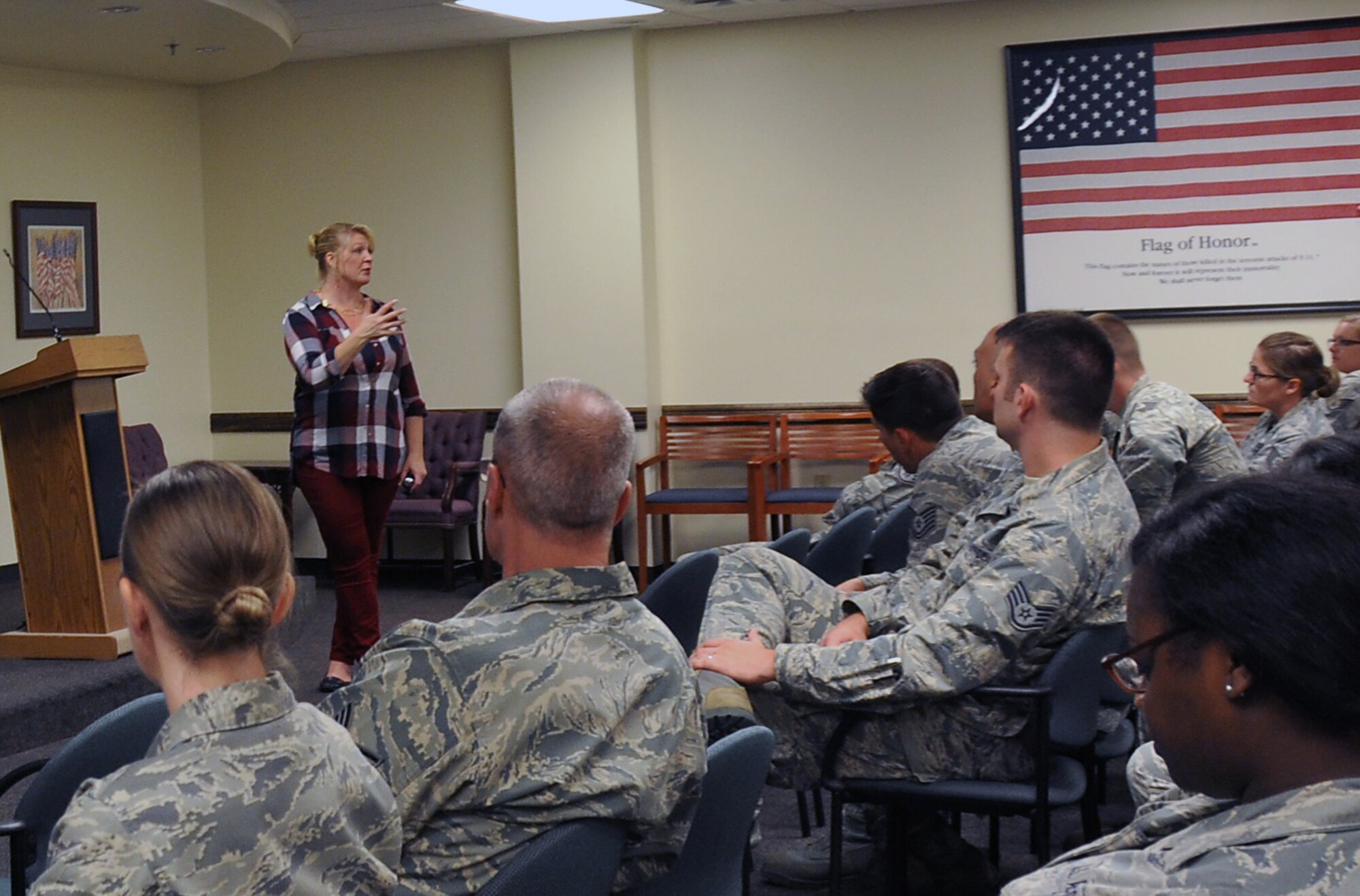 Michelle McMeekin, Community Support Coordinator at Joint Base Charleston, South Carolina engaged 315th Airlift Wing Airmen and non-commissioned officers during a training course on effective communication up and down the chain of command at Joint Base Charleston, SC., October 16.  (U.S. Air Force Photo by 1st Lt. Justin Clark)
