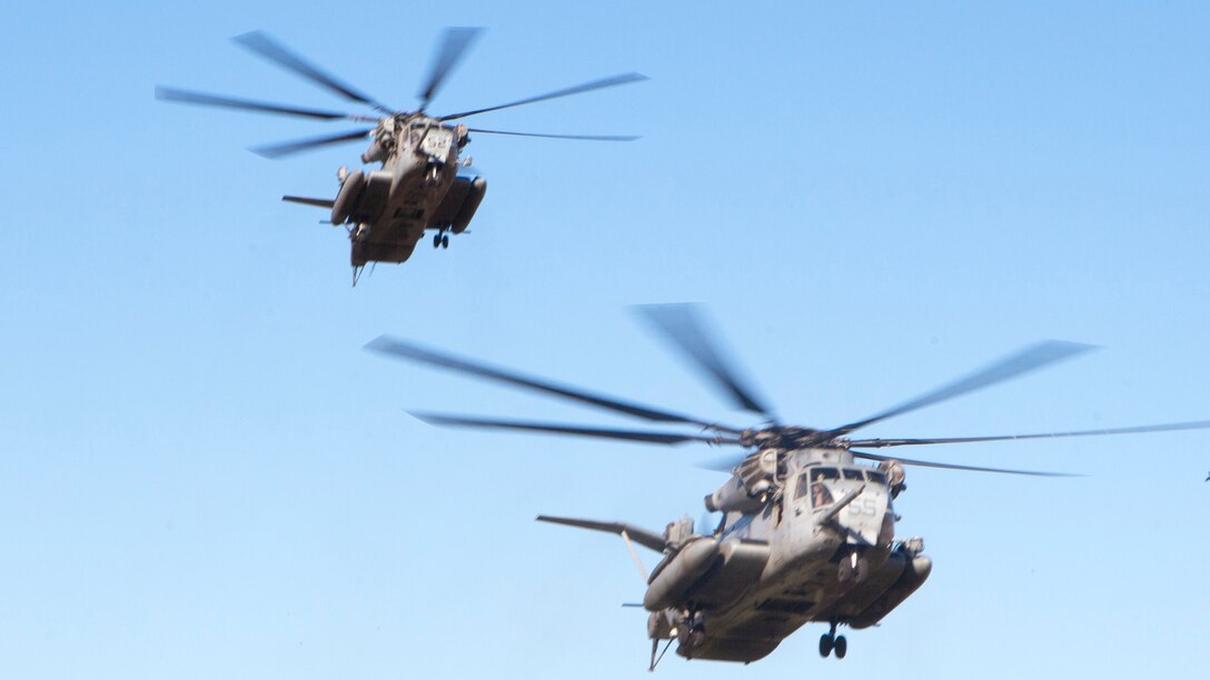U.S. Marine Corps CH-53E Super Stallions assigned to Marine Aviation Weapons and Tactics Squadron One prepare to land during Assault Support Tactics 3 at Kiwanis Park, Yuma, Ariz., Oct. 14, 2016. This exercise was part of Weapons and Tactics Instructor course 1-17, a seven week training event, hosted by MAWTS-1 cadre, which emphasizes operational integration of the six functions of Marine Corps aviation in support of a Marine Air Ground Task Force. MAWTS-1 provides standardized advanced tactical training and certification of unit instructor qualifications to support Marine Aviation Training and Readiness and assists in developing and employing aviation weapons and tactics.