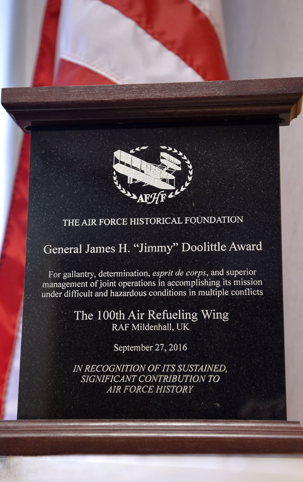 The Air Force Historical Foundation’s Doolittle Award, one of its highest, was presented to Col. Thomas Torkelson, 100th Air Refueling Wing commander, on behalf of the 100th ARW’s sustained and significant contributions to Air Force history Sept. 27, 2016, in Arlington, Va. According to the Air Force Historical Foundation’s website, the Doolittle Award is one of its most prestigious and recognizes a U.S. Air Force unit that has displayed bravery, determination, discipline, esprit de corps and superior management of joint operations in multiple conflicts. This is the first time it has been presented to a mobility air forces wing. The award is named after the pioneering pilot Gen. James Harold “Jimmy” Doolittle, whose career stretched from World War I to the height of the Cold War. (U.S. Air Force photo by Karen Abeyasekere)

