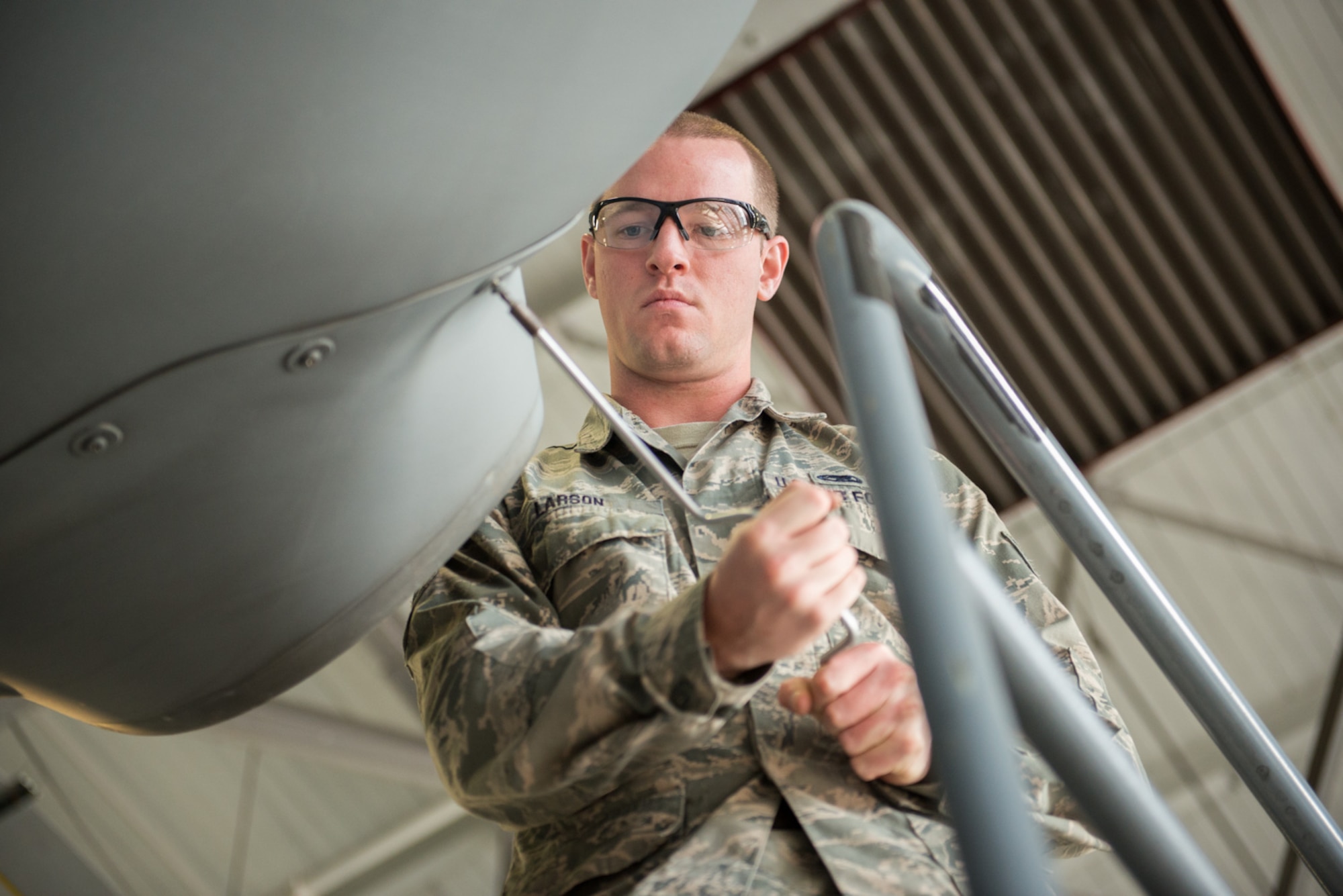 Staff Sgt. Jim Larson, 934th Maintenance Squadron, performs routine pre-deployment maintenance on a C-130 October 16. (U.S. Air Force photo by Tech. Sgt. Trevor Saylor)