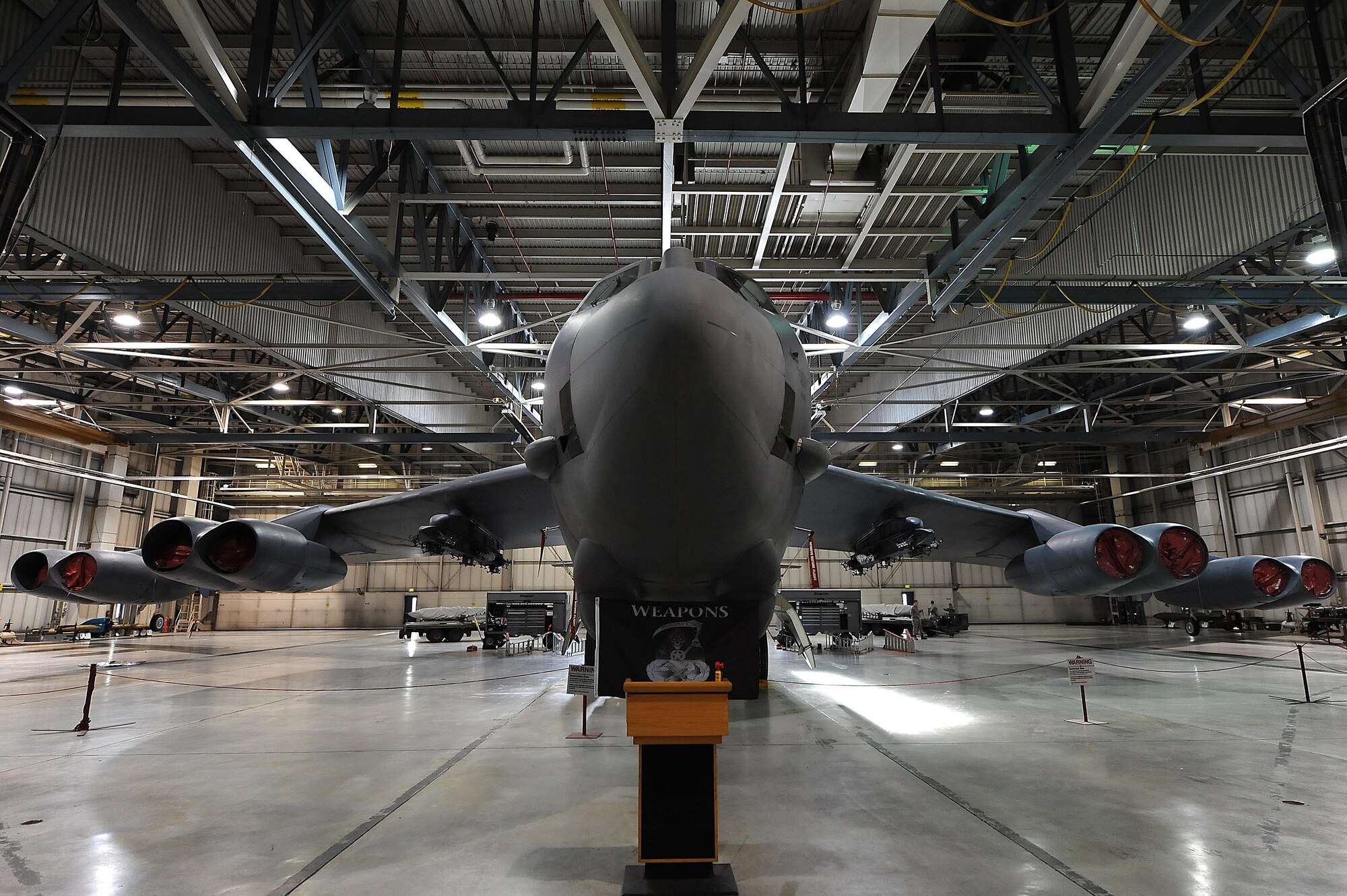 A B-52H Stratofortress sits in Dock 7 before a quarterly bomb load competition at Minot Air Force Base, N.D., Oct. 14, 2016. The competition was comprised of four parts: dress and appearance, consolidated tool inspection, written test and best load. (U.S. Air Force photo/Senior Airman Kristoffer Kaubisch)