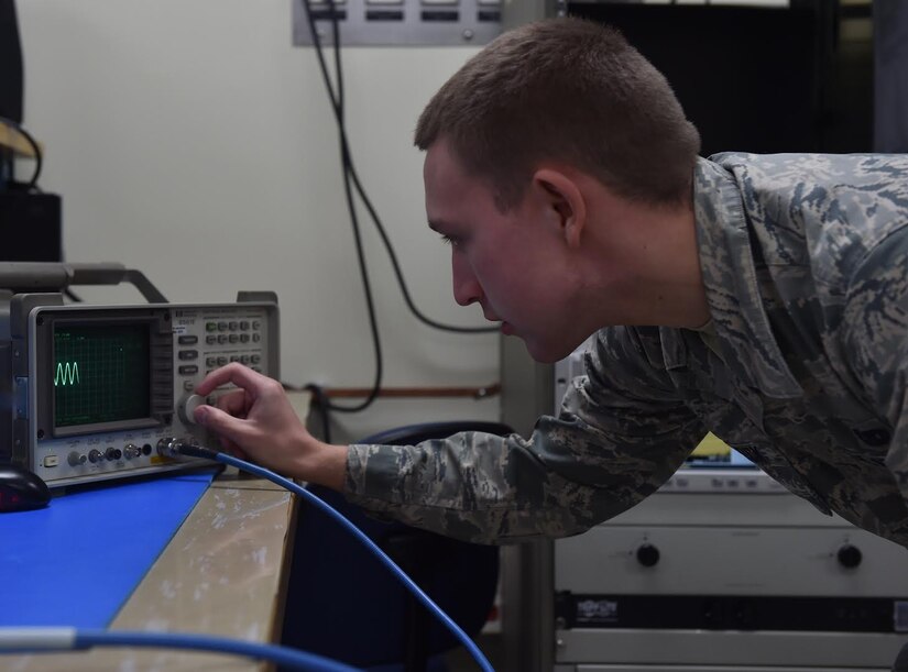 Airman 1st Class William Matlock, 437th Maintenance Squadron electronics technician, uses a spectrum analyzer on Oct. 4, 2016, at Joint Base Charleston, South Carolina. The spectrum analyzer is used to test signal distortion, noise, and modulation for various radio frequencies. 