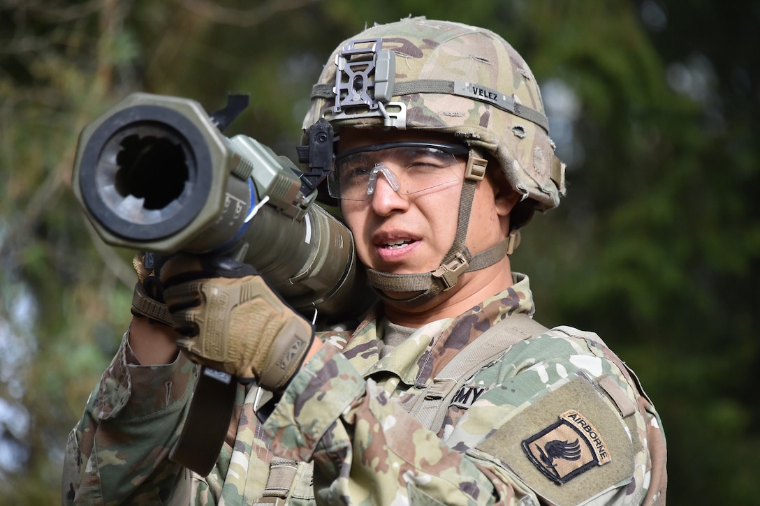Army Sgt. Sebastian Velez prepares a M136 Rocket Launcher for firing during the 173rd Airborne Brigade’s Expert Infantryman Badge training at the 7th Army Training Command’s Grafenwoehr Training Area, Germany, Oct. 17, 2016. The purpose of the Expert Infantry Badge is to recognize infantrymen who have demonstrated a mastery of critical tasks that build the core foundation of individual proficiency that enables them to locate, close with, and destroy the enemy through fire and maneuver and repel an enemy assault in close combat. Velez is an infantryman assigned to the 1st Squadron, 91st Cavalry Regiment, 173rd Airborne Brigade. Army photo by Gertrud Zach