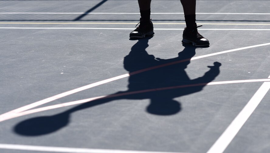 Airman 1st Class Daryl Parker, 608th Air Operations Center offensive duty technician, gets in position to shoot a basketball at Barksdale Air Force Base, La., Oct. 12, 2016. Parker was 1 of 29 Airmen recently selected to try out for the All-Air Force Men’s Basketball Team. (U.S. Air Force photo/Senior Airman Damon Kasberg)