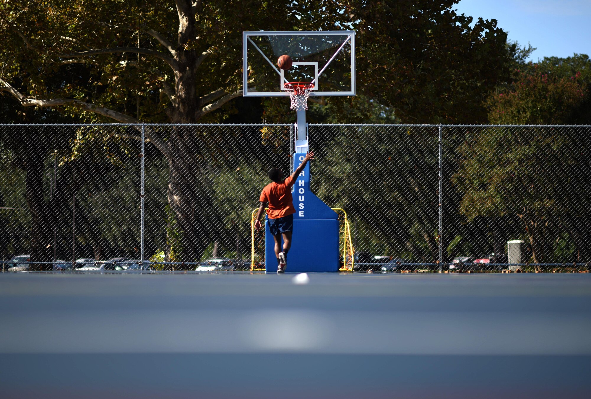 Airman 1st Class Daryl Parker, 608th Air Operations Center offensive duty technician, shoots a basketball at Barksdale Air Force Base, La., Oct. 12, 2016. Parker spends his free time improving his basketball skills to earn a spot on the All-Air Force Men’s Basketball Team. (U.S. Air Force photo/Senior Airman Damon Kasberg)
