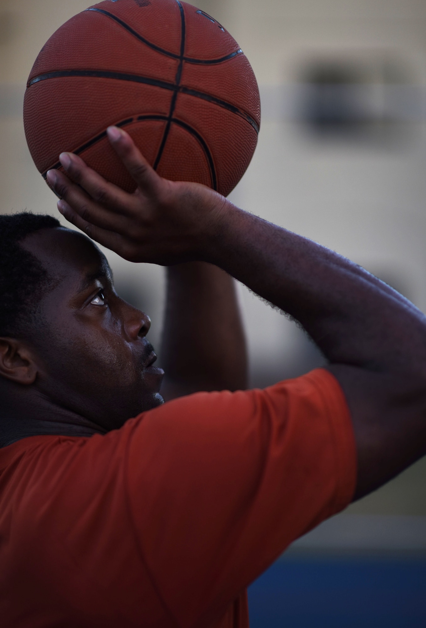 Airman 1st Class Daryl Parker, 608th Air Operations Center offensive duty technician, lines up his shot at Barksdale Air Force Base, La., Oct. 12, 2016. Parker was 1 of 29 Airmen selected to try out for the All-Air Force Men’s Basketball Team. (U.S. Air Force photo/Senior Airman Damon Kasberg)