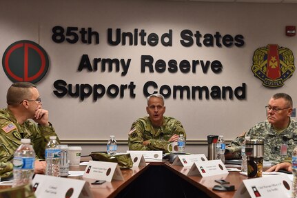 Army Reserve Col. Robert Cooley, Deputy Commander, 85th Support Command, gives remarks to First Army senior leaders during the First Army New Command Team Orientation Brief, held at the 85th Support Command headquarters, October 15, 2016. The briefing allowed for active component leaders to receive a better understanding of support provided from the 85th Support Command and ensuring that these commander’s Army Reserve battalions and individual soldiers are mission ready.
(U.S. Army photo by Sgt. Aaron Berogan/Released)