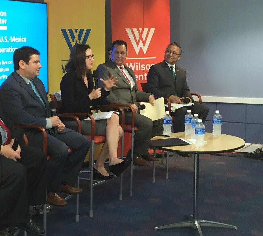 From left, Inigo Guevara Moyano, senior consultant at IHS Jane's Aerospace, Defense and Security; Rebecca B. Chavez, deputy assistant secretary of defense for western hemisphere affairs; Mexican Navy Vice Adm. Octavio Trejo Hermida; and Mexican Army Brig. Gen. Andres Fernando Aguirre O.sunza, participate in a panel discussion at the Wilson Center in Washington, Oct. 17, 2016. Chavez said the U.S.-Mexico military-to-military relationship is excellent and continues to improve. DoD photo by Jim Garamone