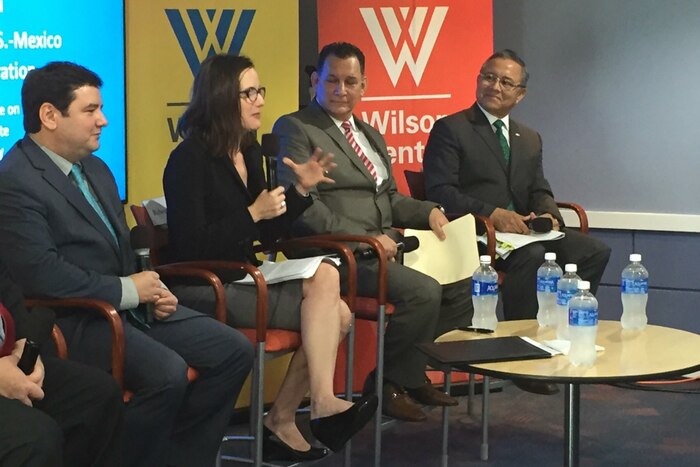 From left, Inigo Guevara Moyano, senior consultant at IHS Jane's Aerospace, Defense and Security; Rebecca B. Chavez, deputy assistant secretary of defense for western hemisphere affairs; Mexican Navy Vice Adm. Octavio Trejo Hermida; and Mexican Army Brig. Gen. Andres Fernando Aguirre O.sunza, participate in a panel discussion at the Wilson Center in Washington, D.C., Oct. 17, 2016. Chavez said the U.S.-Mexico military-to-military relationship is excellent and continues to improve. DoD photo by Jim Garamone