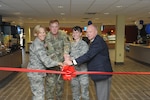 From left: Brig, Gen Heather Pringle, 502nd Air Base Wing and Joint Base San Antonio commander; Col. David Raugh, 502nd Force Support Group commander; Col. Donna Turner, Air Force Services Activity commander; and Brett Ladd, Sodexo vice president of operations, cut the ribbon to the Wingman Café Dining Facility Oct. 11 during the grand-opening ceremony at JBSA-Randolph. Joint Base San Antonio-Randolph’s dining facility, or DFAC, which had been closed for renovation since June 2015, reopened last week with a new name, a new look, more food choices and an expanded customer base.