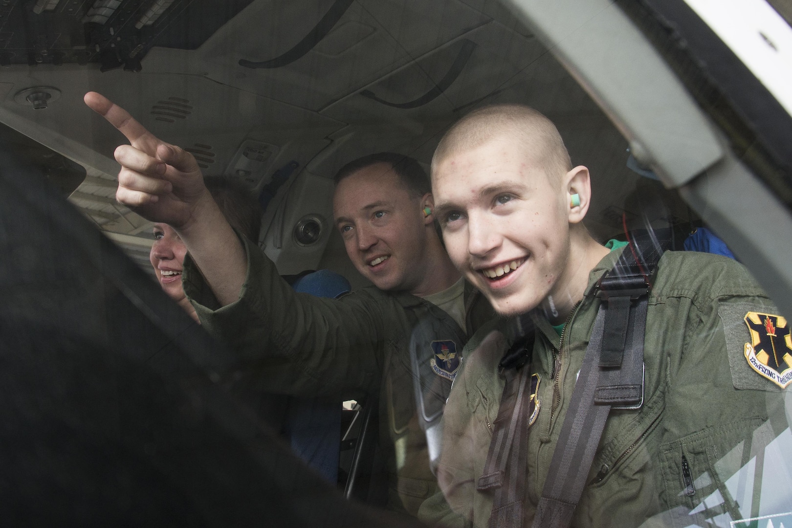 Jake Larner (right), “Pilot For a Day,” and Capt. Charles Giles, 99th Flying Training Squadron instructor pilot, watch a T-38 Talon take off Oct. 14 from Joint Base San Antonio-Randolph’s east runway. Jake’s battle with cancer began May 26, when he suffered from intense lower abdominal pains and was taken to the emergency room at the San Antonio Military Medical Center at JBSA-Fort Sam Houston by his mother, Kristie Davidson. 