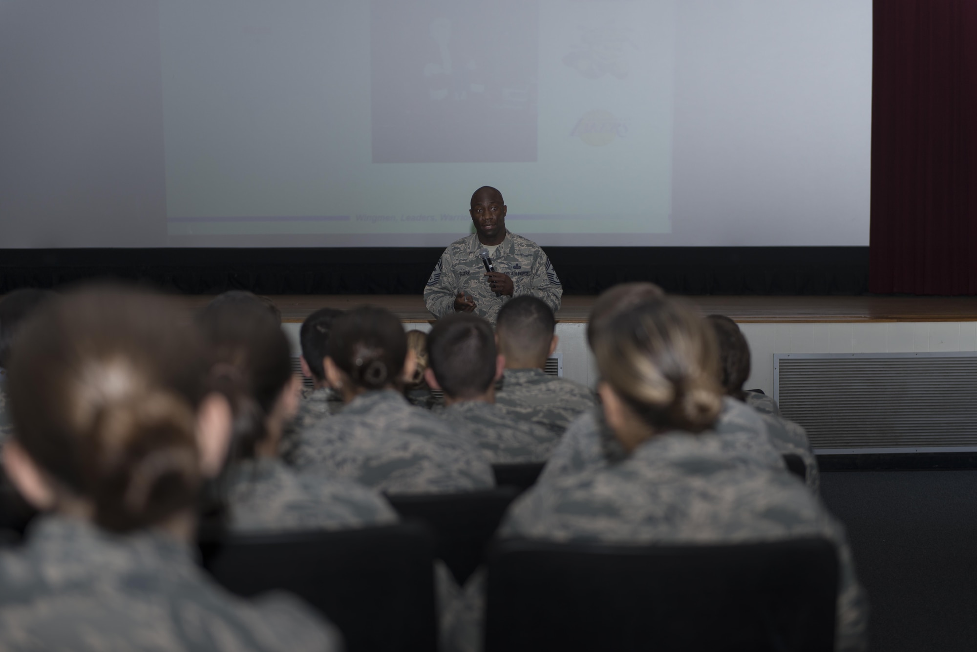 Chief Master Sgt. Vegas Clark, 81st Training Wing command chief, speaks to Airmen during an enlisted call at the Welch Theater Oct 12, 2016, on Keesler Air Force Base, Miss. During the enlisted call, Clark discussed his expectations, the commander’s vision, the future of Airmen’s careers and various topics around the base. (U.S. Air Force photo by Andre’ Askew/Released)