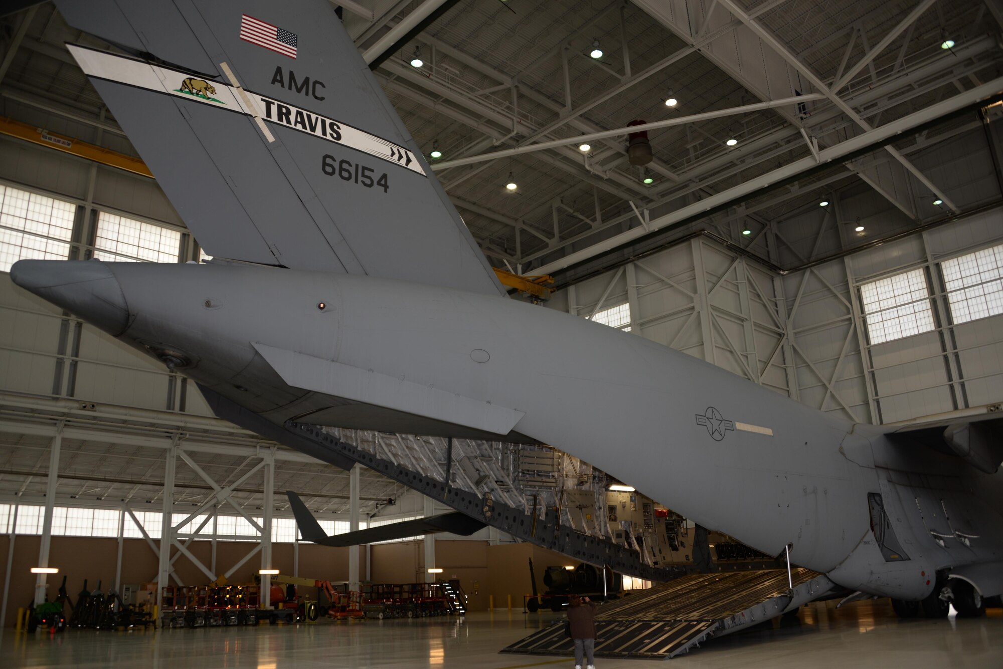 A C-17 Globemaster III is on display at Travis Air Force Base, Calif., Oct. 15, 2016, as part of the 21st annual Retiree Appreciation Day. The event was held to honor the service and sacrifice of military veterans. The C-17 along with the KC-10 Extender and C-5M Super Galaxy were available for tours during the five-hour event. (U.S. Air Force photo by Tech. Sgt. James Hodgman)