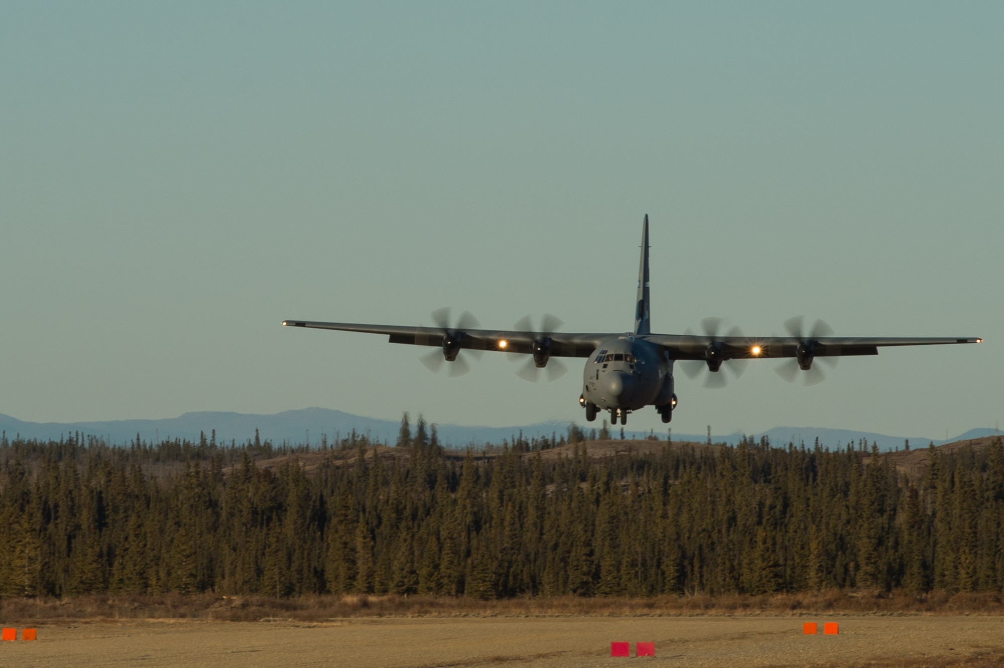 A U.S. Air Force C-130J Super Hercules from Dyess Air Force Base, Texas, lands at Donnelly Landing Zone, Alaska, during exercise RED FLAG-Alaska 17-1, Oct. 14, 2016. RF-A is a series of Pacific Air Forces commander-directed field training exercises for U.S. and partner nation forces, providing combined offensive counter-air, interdiction, close air support, and large force employment training in a simulated combat environment. (U.S. Air Force photo by Master Sgt. Joseph Swafford)
