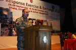 Brig. Gen. Bryan E. Suntheimer, Deputy Commander, Army National Guard, U.S. Army, Pacific, speaks to the participants of the 2016 Pacific Resilience Disaster Response Exercise & Exchange during closing ceremonies in Dhaka, Bangladesh, Oct. 6. The seven-day event brought together more than 250 participants from China, Maldives, Myanmar, Nepal, Sri Lanka, the United Kingdom, the United Nations and the United States, as well as dozens of governmental and non-governmental and international organizations. (U.S. Army photo by Staff Sgt. Chris McCullough)