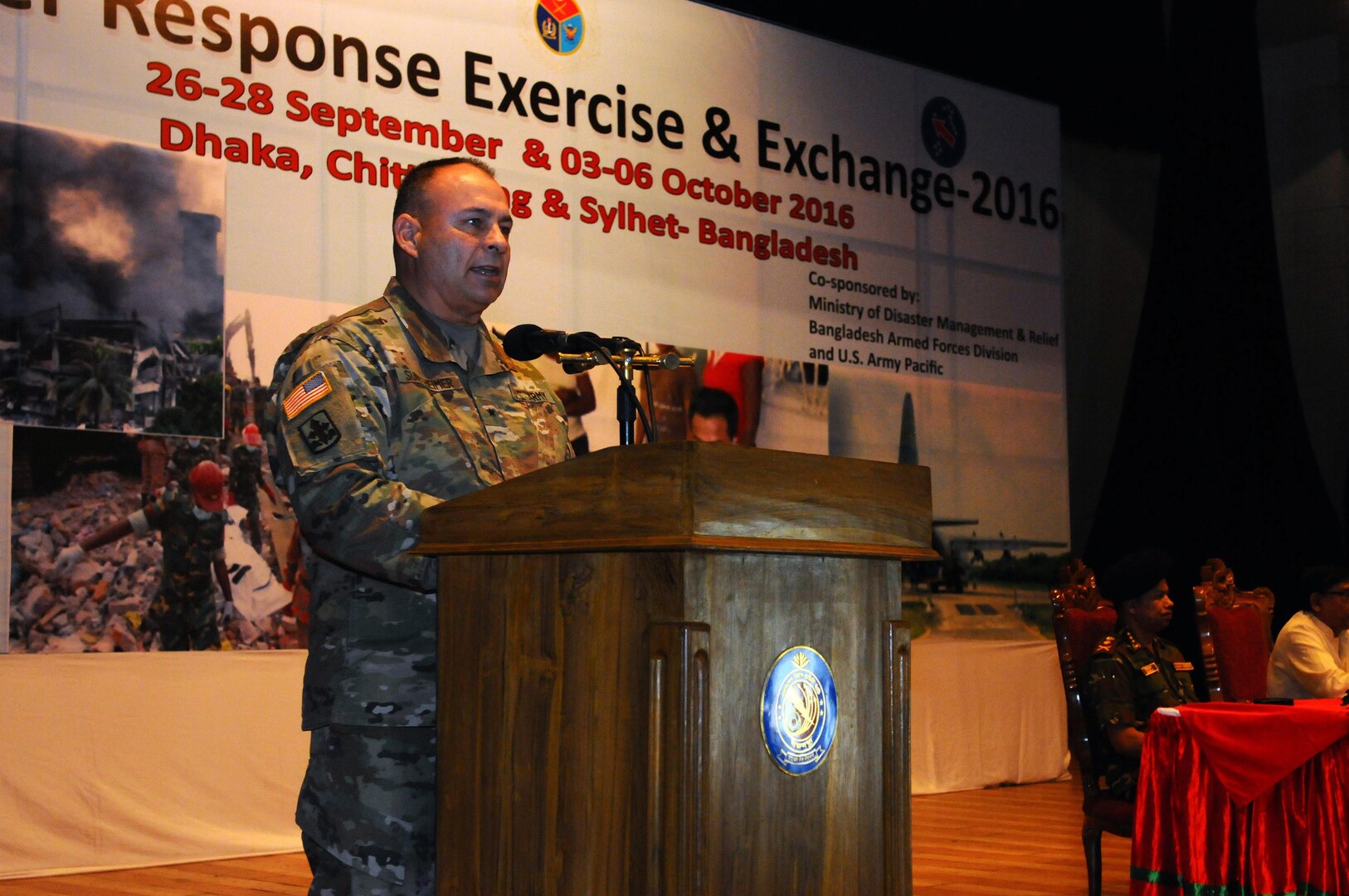 Brig. Gen. Bryan E. Suntheimer, Deputy Commander, Army National Guard, U.S. Army, Pacific, speaks to the participants of the 2016 Pacific Resilience Disaster Response Exercise & Exchange during closing ceremonies in Dhaka, Bangladesh, Oct. 6. The seven-day event brought together more than 250 participants from China, Maldives, Myanmar, Nepal, Sri Lanka, the United Kingdom, the United Nations and the United States, as well as dozens of governmental and non-governmental and international organizations. (U.S. Army photo by Staff Sgt. Chris McCullough)